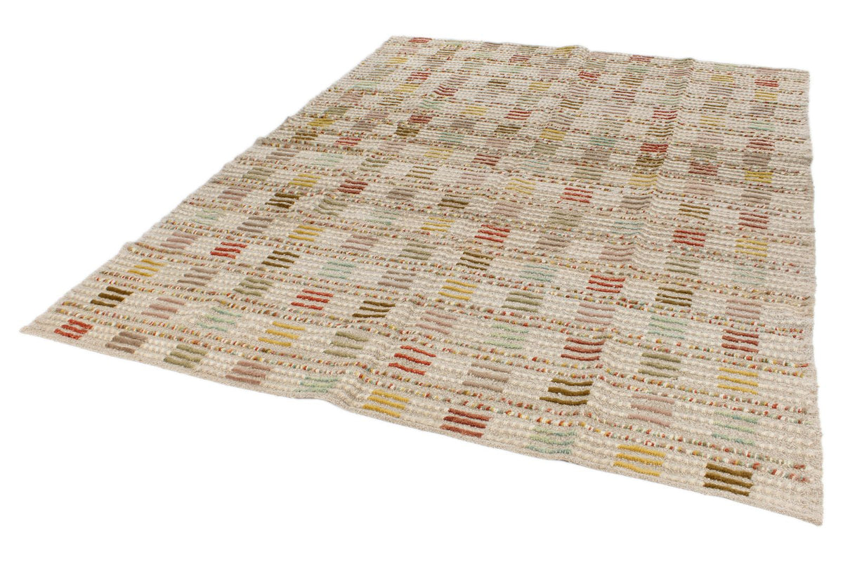 7x10 Ivory and Multicolor Turkish Tribal Rug