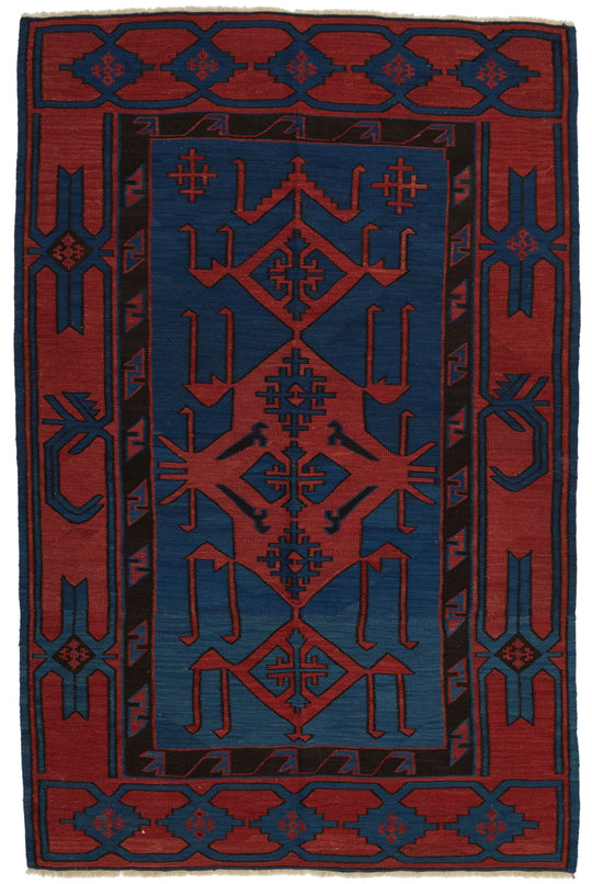 4x7 Navy and Burgundy Turkish Tribal Rug