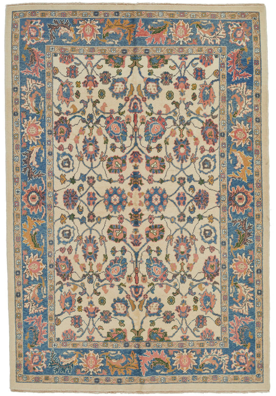 5x8 Ivory and Blue Turkish Oushak Rug