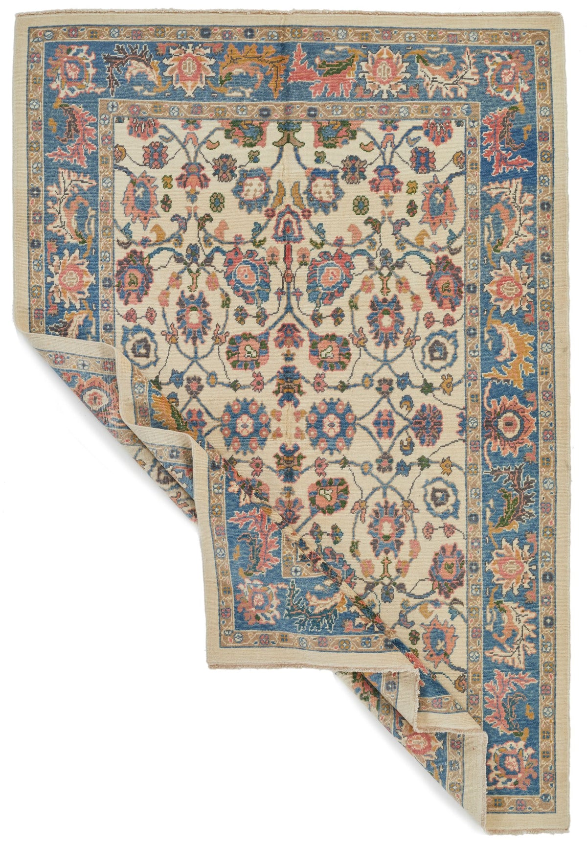 5x8 Ivory and Blue Turkish Oushak Rug