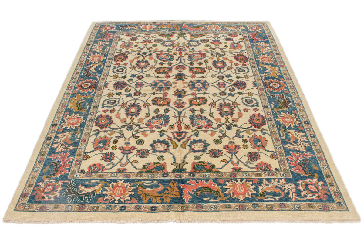 5x8 Ivory and Blue Turkish Oushak Rug