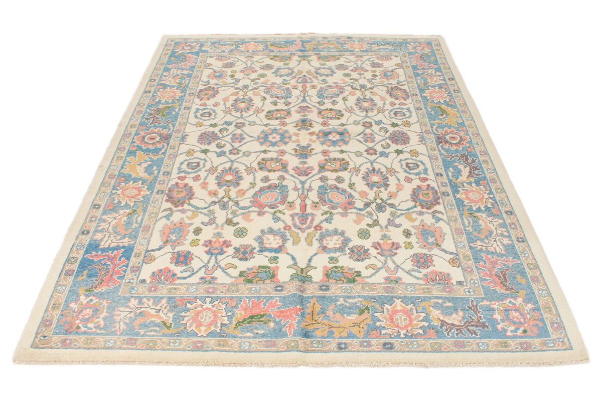5x8 Ivory and Blue Turkish Oushak Rug