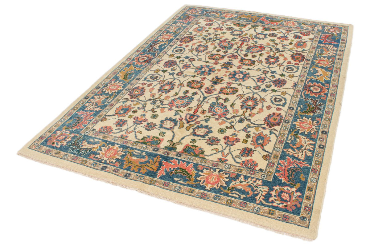 5x8 Ivory and Blue Turkish Oushak Rug