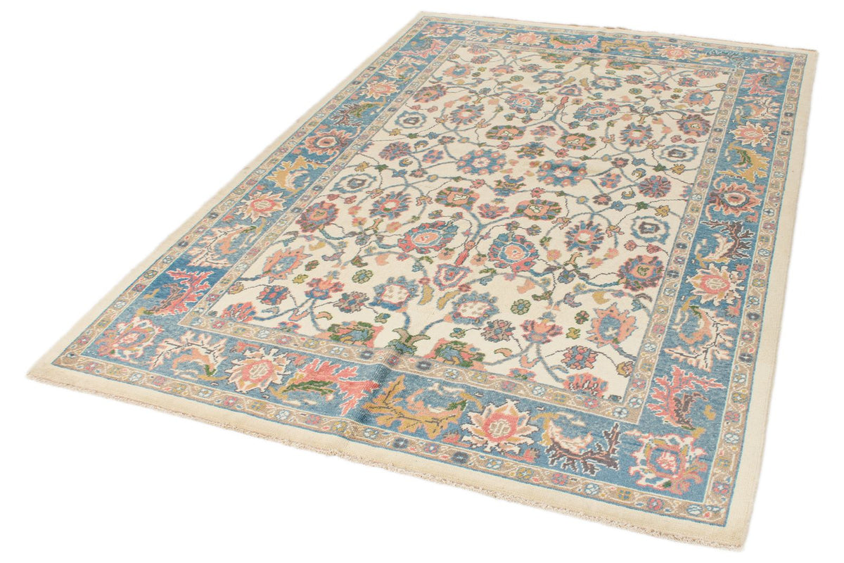 5x8 Ivory and Blue Turkish Oushak Rug