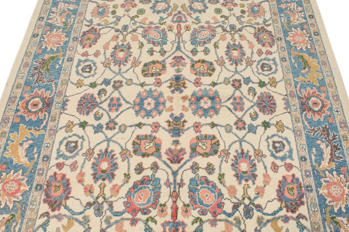 5x8 Ivory and Blue Turkish Oushak Rug