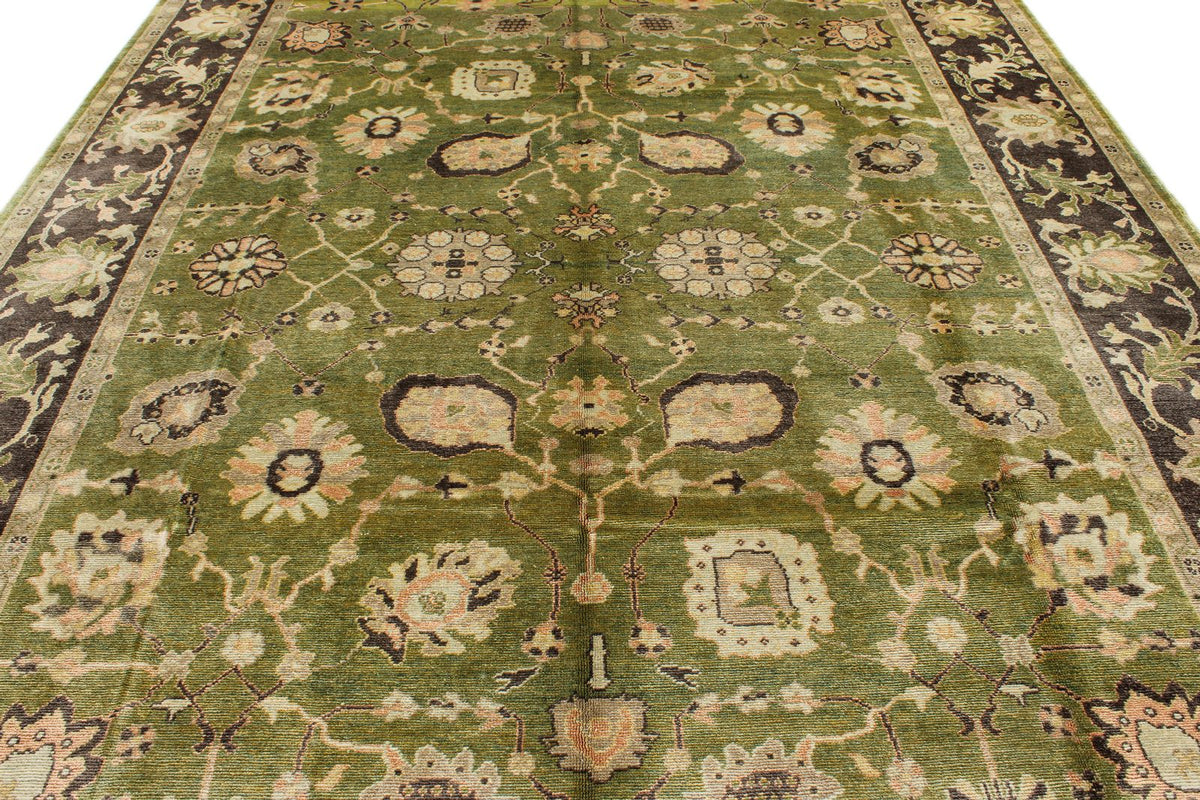 9x13 Green and Brown Turkish Oushak Rug