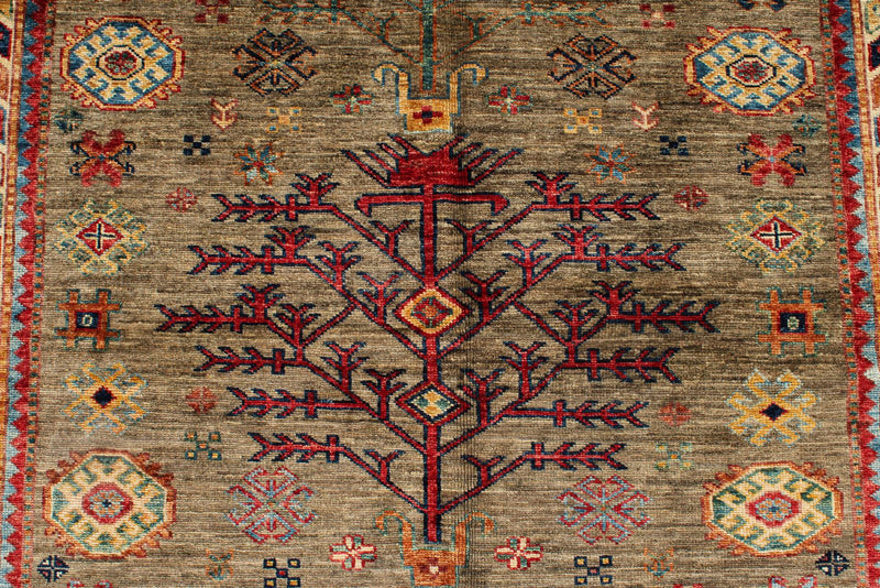 4x6 Brown and Ivory Kazak Tribal Rug