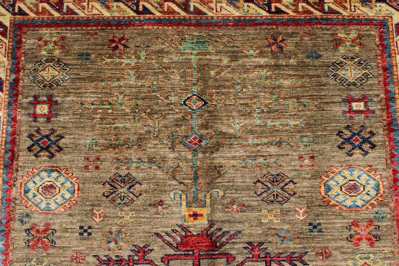 4x6 Brown and Ivory Kazak Tribal Rug