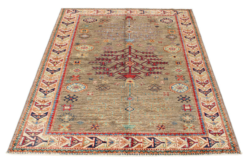 4x6 Brown and Ivory Kazak Tribal Rug