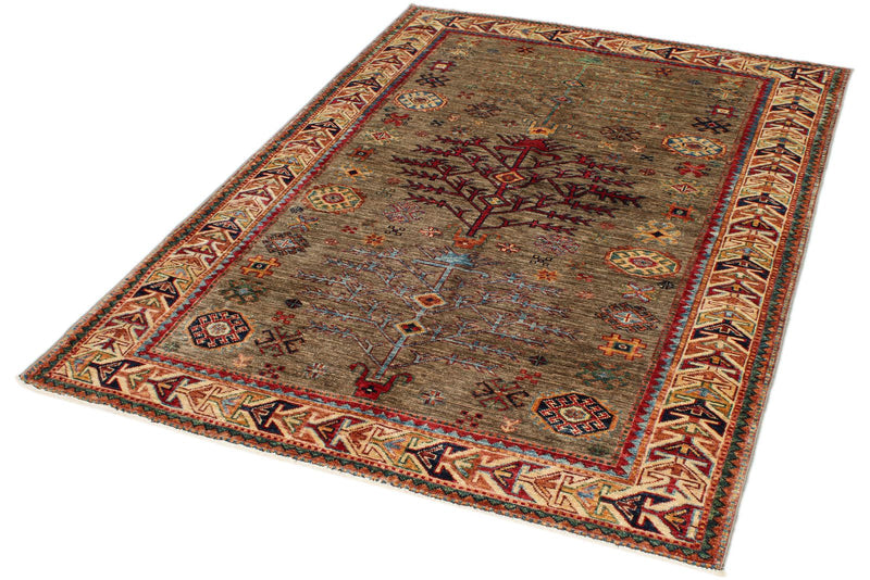 4x6 Brown and Ivory Kazak Tribal Rug