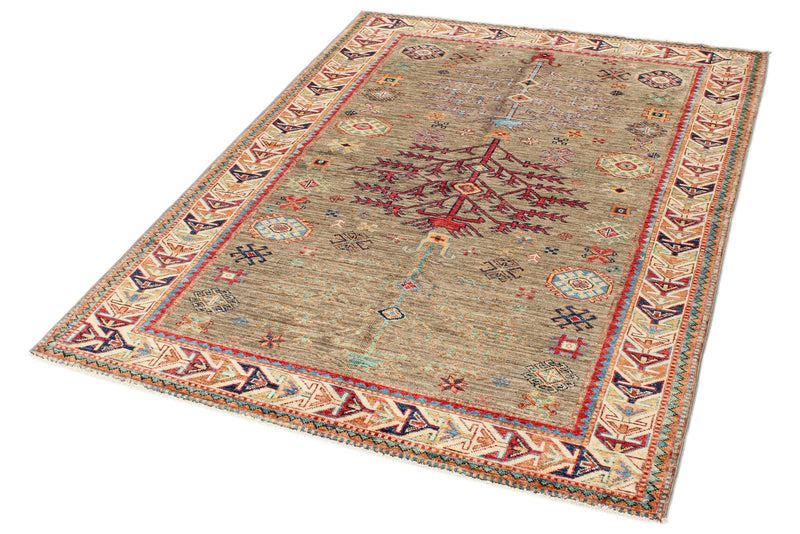 4x6 Brown and Ivory Kazak Tribal Rug