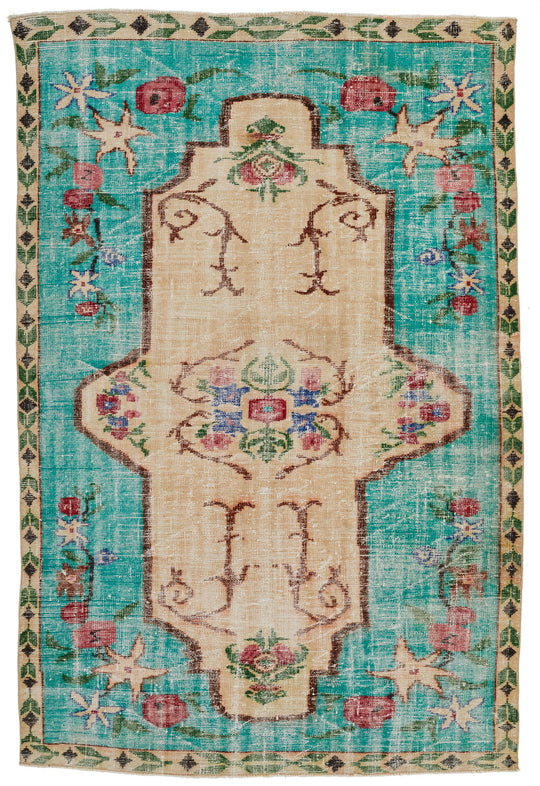 6x9 Blue and Multicolor Turkish Overdyed Rug