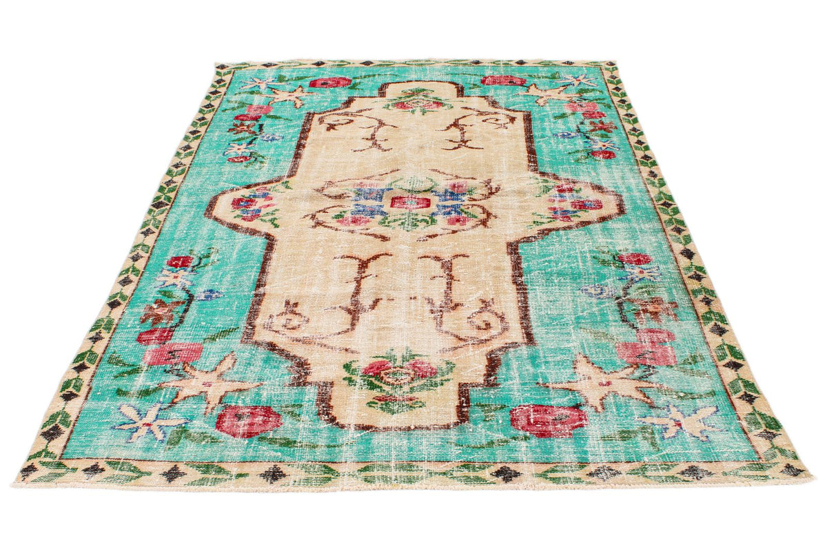 6x9 Blue and Multicolor Turkish Overdyed Rug