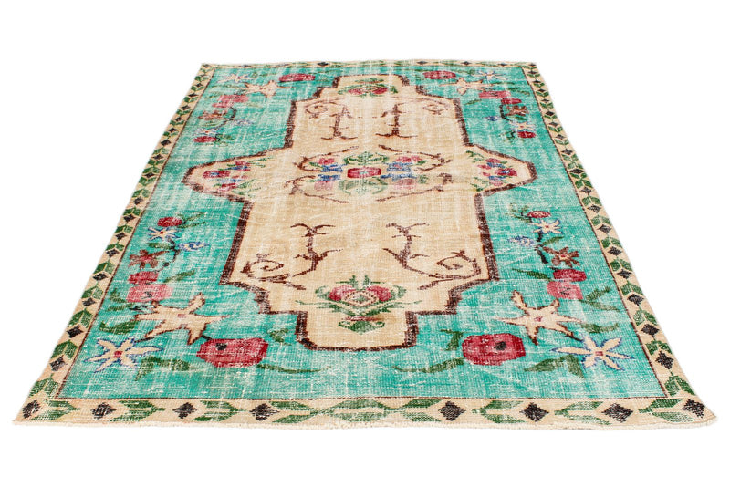 6x9 Blue and Multicolor Turkish Overdyed Rug