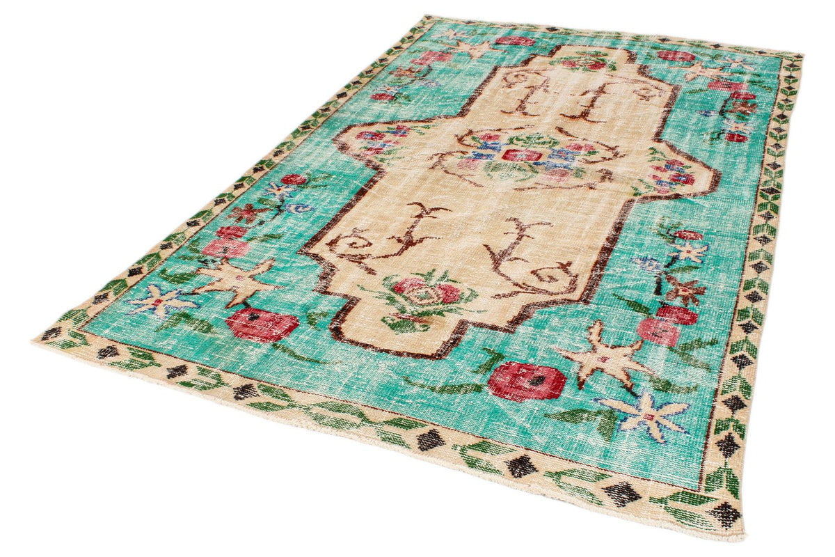 6x9 Blue and Multicolor Turkish Overdyed Rug