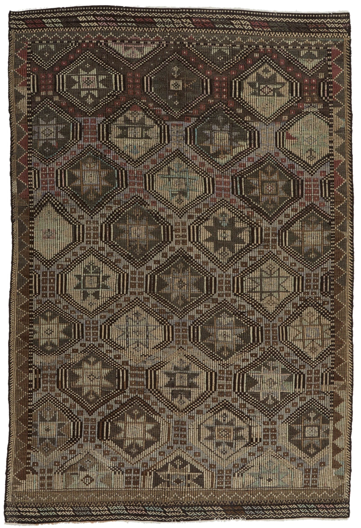 6x9 Brown and Ivory Turkish Tribal Rug