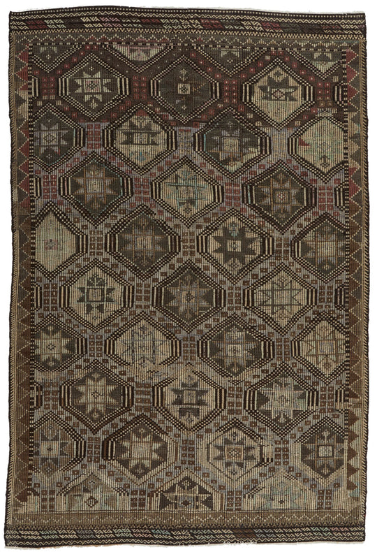 6x9 Brown and Ivory Turkish Tribal Rug