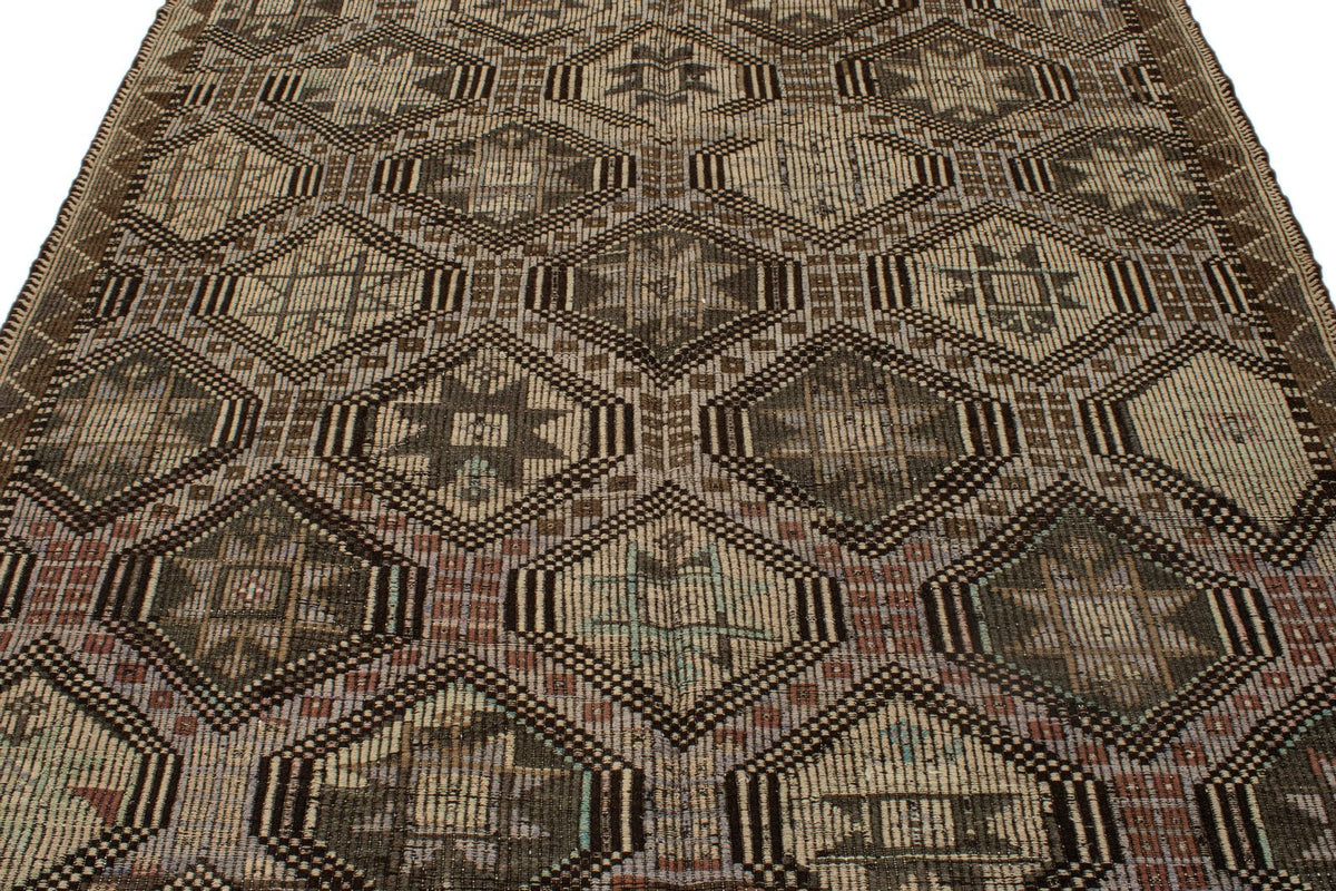6x9 Brown and Ivory Turkish Tribal Rug