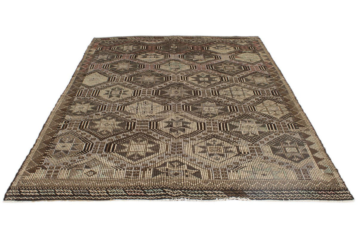 6x9 Brown and Ivory Turkish Tribal Rug