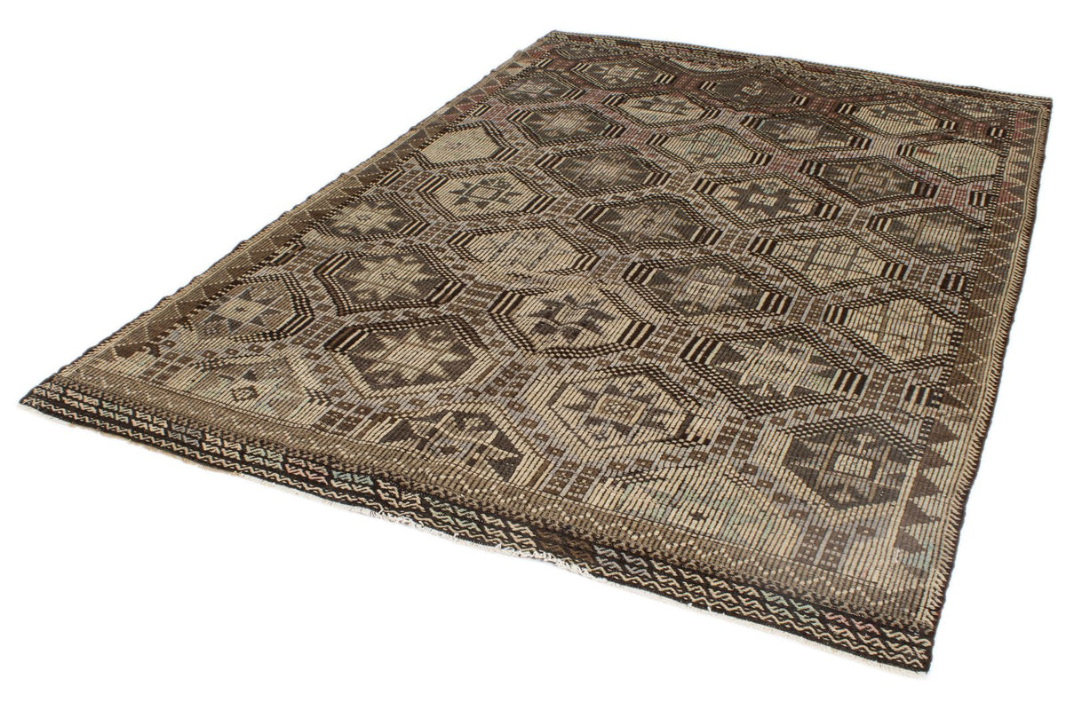 6x9 Brown and Ivory Turkish Tribal Rug