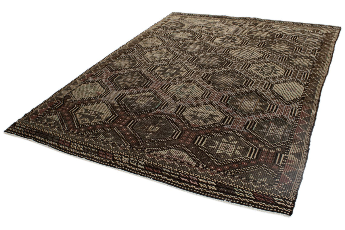 6x9 Brown and Ivory Turkish Tribal Rug