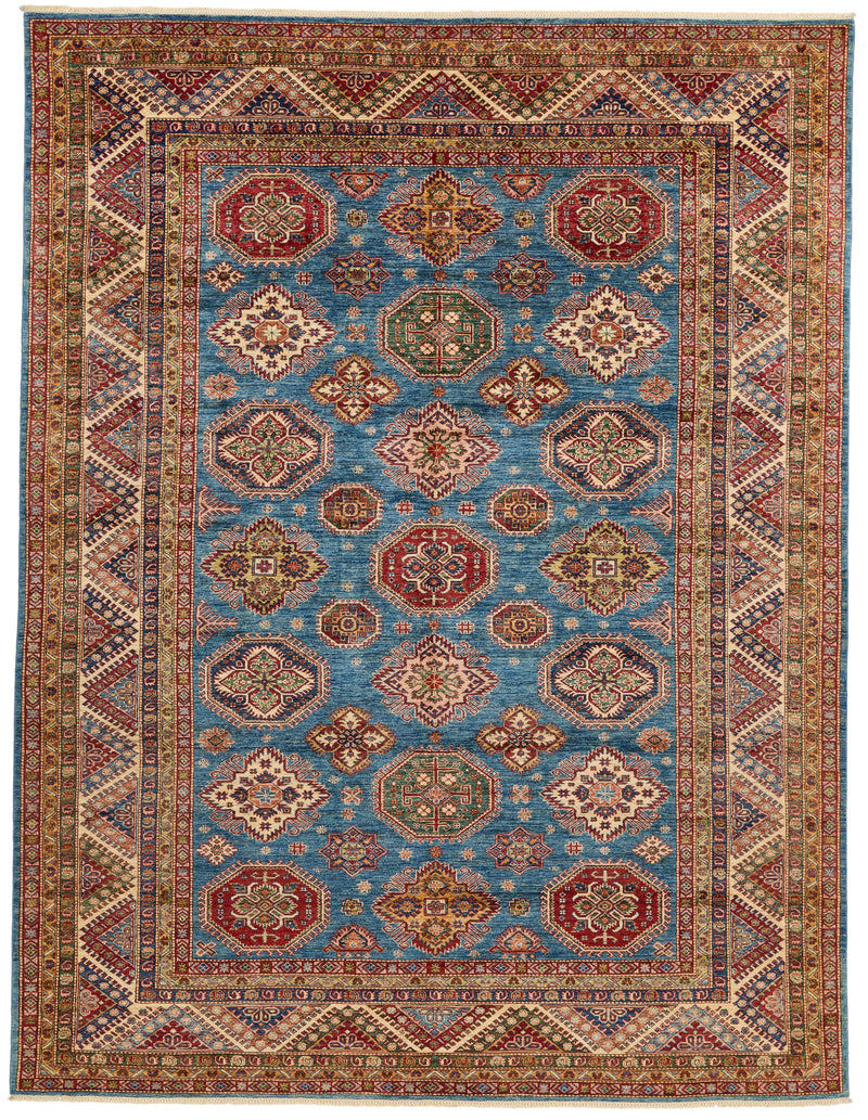 9x12 Blue and Ivory Kazak Tribal Rug