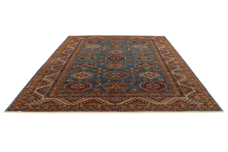 9x12 Blue and Ivory Kazak Tribal Rug