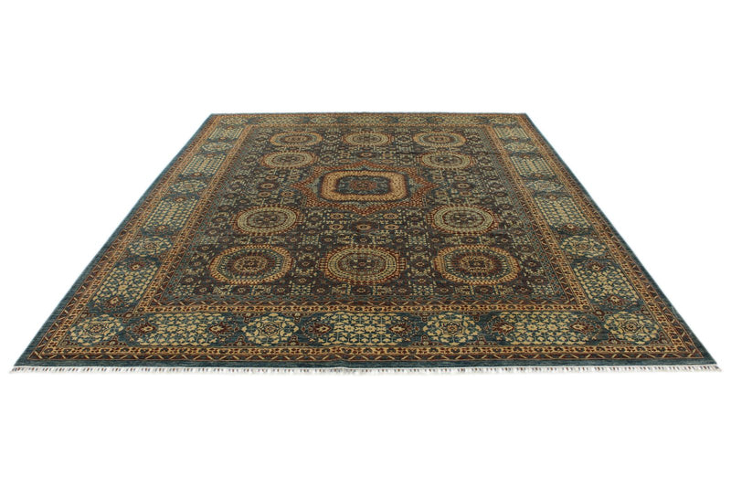 10x13 Blue and Ivory Turkish Tribal Rug