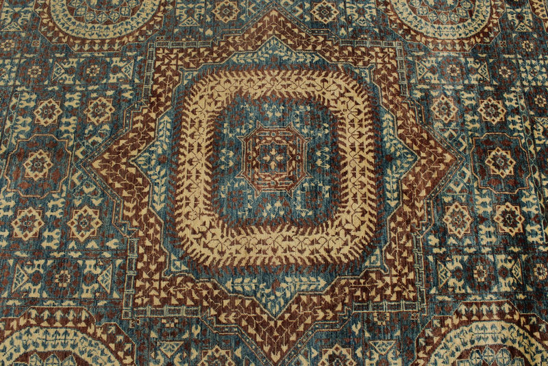 10x13 Blue and Ivory Turkish Tribal Rug