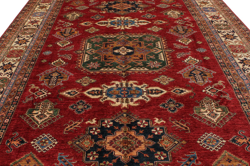 10x13 Red and Ivory Kazak Tribal Rug