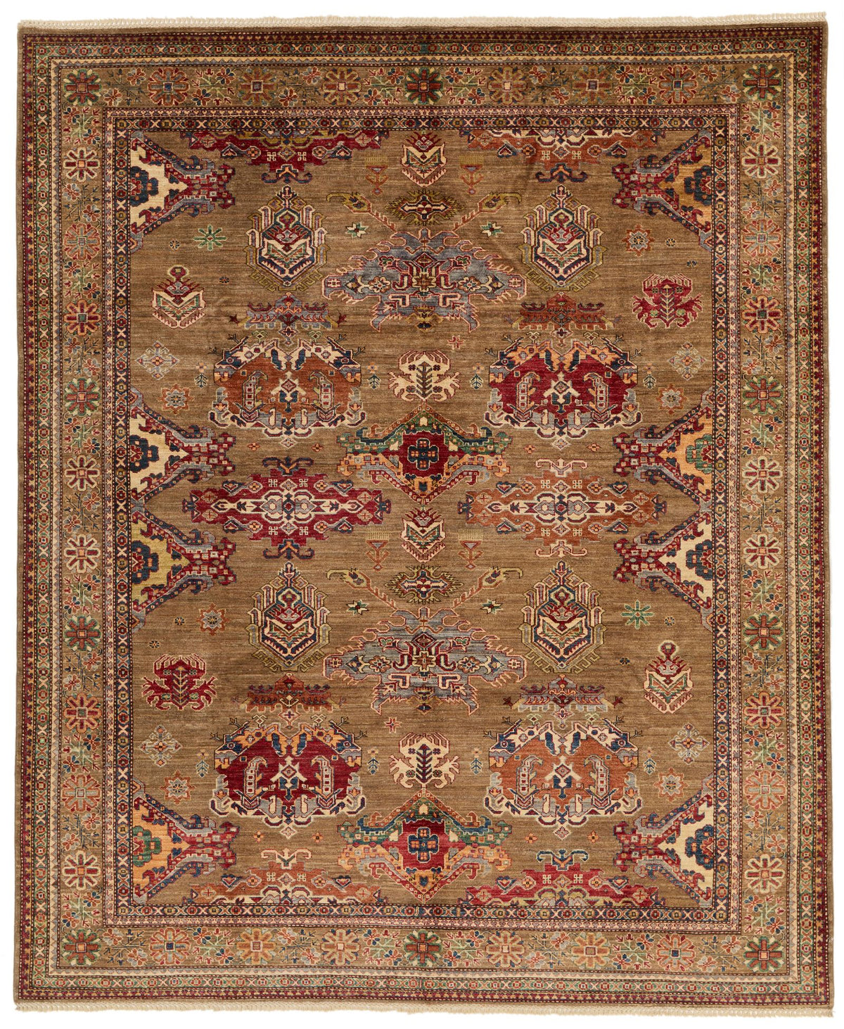 8x10 Brown and Beige Kazak Tribal Rug