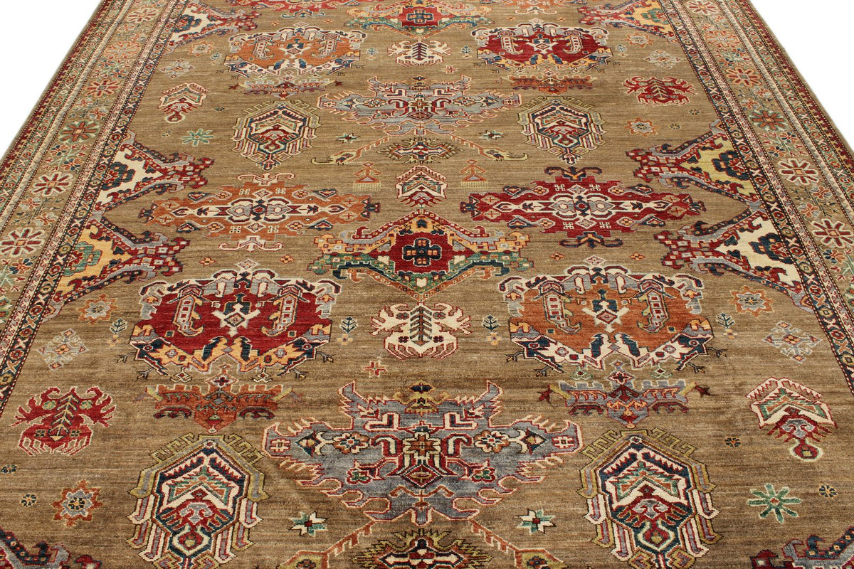 8x10 Brown and Beige Kazak Tribal Rug