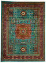 9x12 Blue and Rust Turkish Tribal Rug