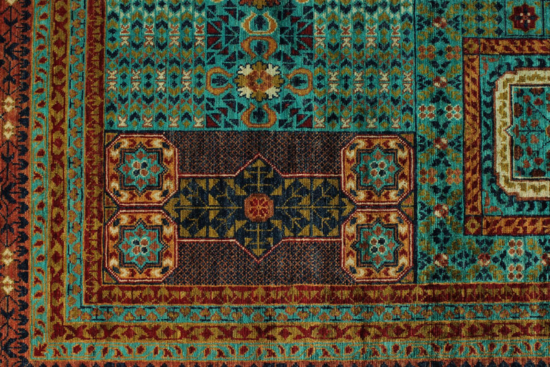 9x12 Blue and Rust Turkish Tribal Rug