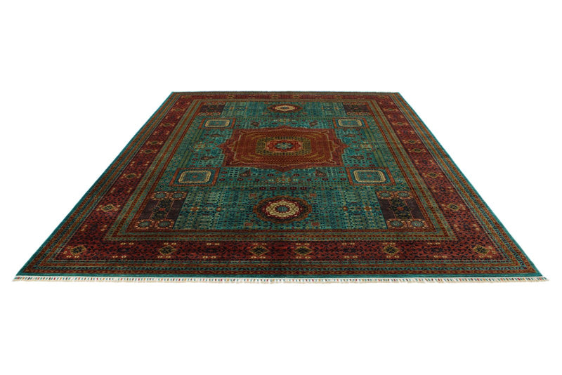 9x12 Blue and Rust Turkish Tribal Rug