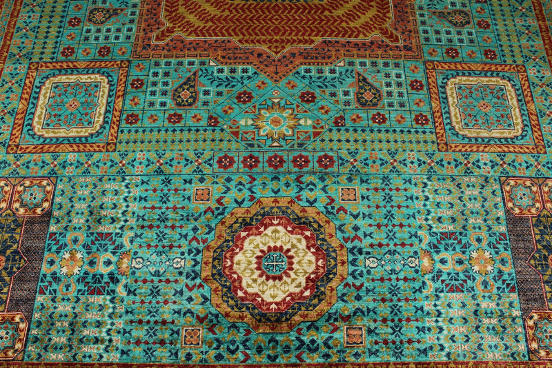 9x12 Blue and Rust Turkish Tribal Rug