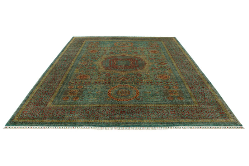 8x12 Green and Rust Turkish Tribal Rug