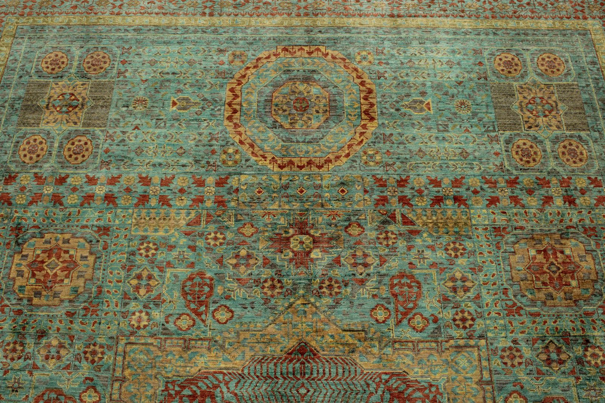 8x12 Green and Rust Turkish Tribal Rug