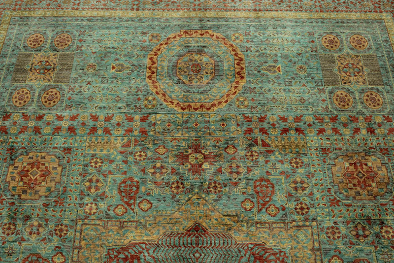 8x12 Green and Rust Turkish Tribal Rug