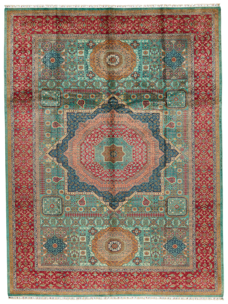 9x12 Green and Red Turkish Tribal Rug