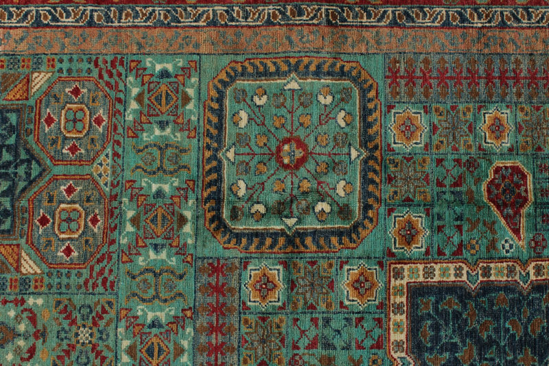 9x12 Green and Red Turkish Tribal Rug