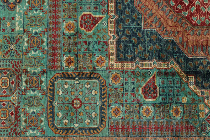 9x12 Green and Red Turkish Tribal Rug