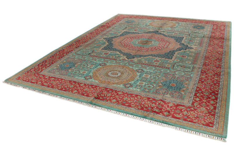 9x12 Green and Red Turkish Tribal Rug