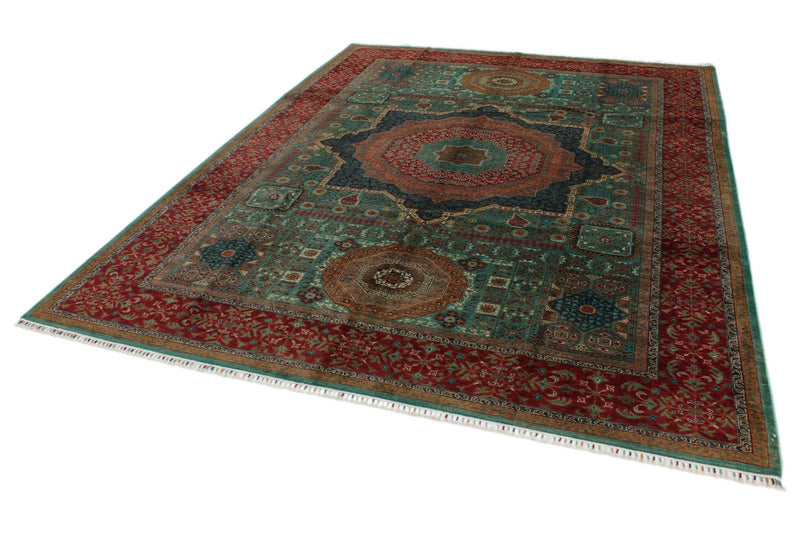 9x12 Green and Red Turkish Tribal Rug