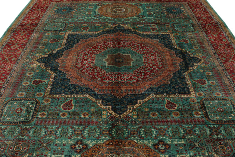 9x12 Green and Red Turkish Tribal Rug