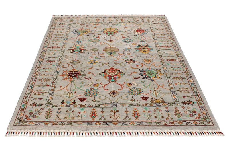 5x7 Light Gray and Multicolor Turkish Tribal Rug