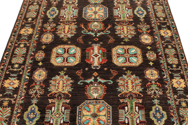 5x7 Brown and Beige Turkish Tribal Rug