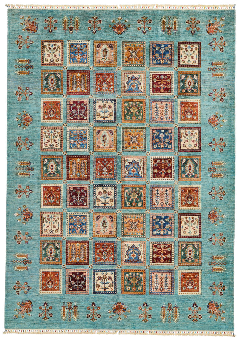 7x10 Blue and Multicolor Turkish Tribal Rug