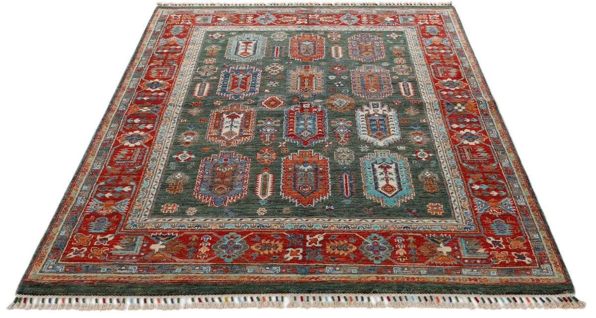 5x7 Green and Red Turkish Tribal Rug