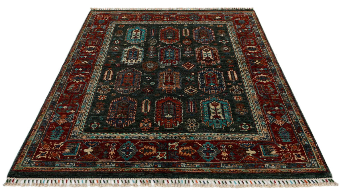 5x7 Green and Red Turkish Tribal Rug